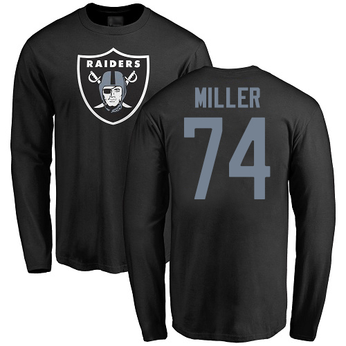 Men Oakland Raiders Olive Kolton Miller Name and Number Logo NFL Football #74 Long Sleeve T Shirt->nfl t-shirts->Sports Accessory
